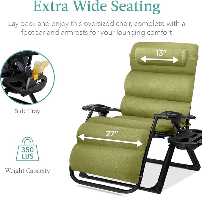 Best Choice Products Oversized Zero Gravity Chair, Folding Outdoor Patio Recliner, XL Anti Gravity Lounger w/Removable Cushion, Cup Holder, Side Tray, 350lb Capacity - Lime Green