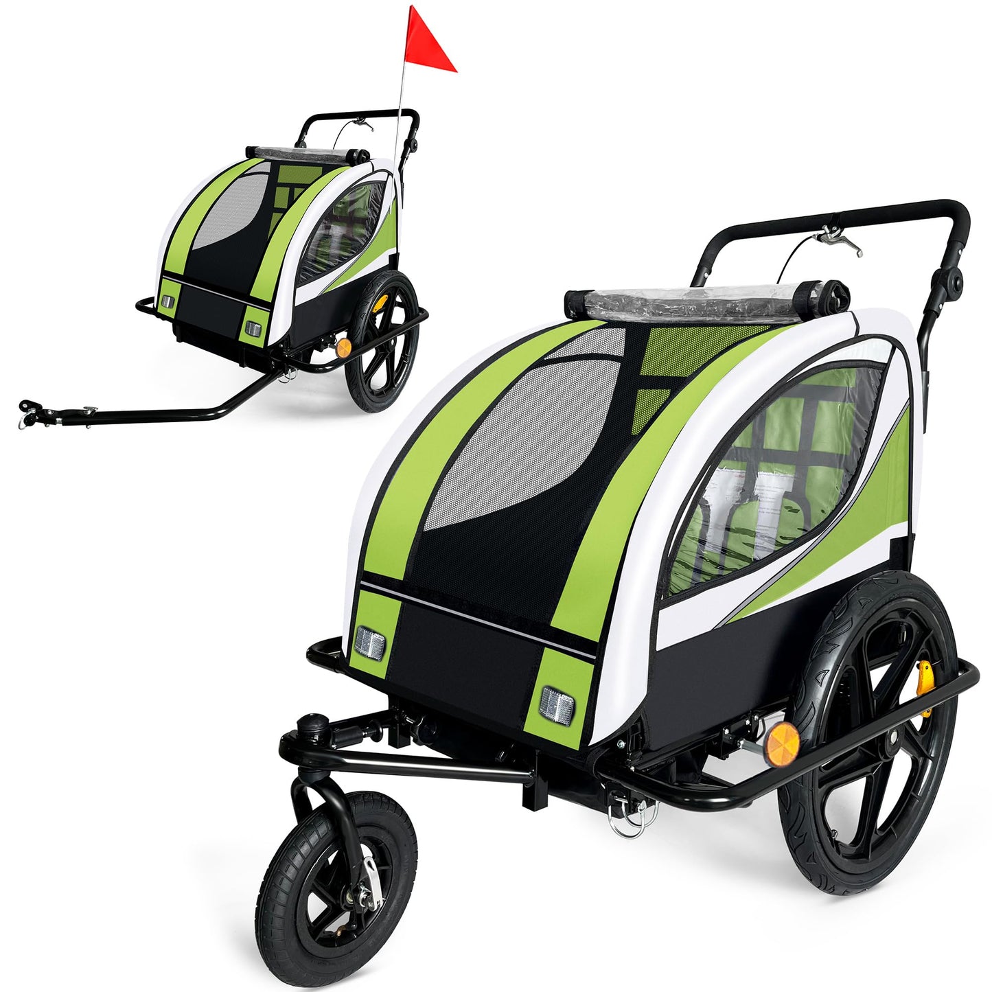 SAMAX Children Bike Trailer 2in1 Kids Jogger Stroller with Suspension 360° rotatable Childs Bicycle Trailer Transport Buggy Carrier for 2 Kids in Green - Black Frame