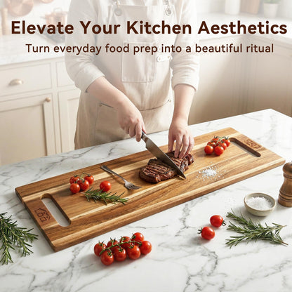 LDQ Extra Large 36 x 11 Inch Acacia Wood Cutting Board, 3-in-1 Cutting, Serving & Display Board, XXL Long Charcuterie Boards with 2 Wooden Stands, for Kitchen Prep & Party Table Centerpiece