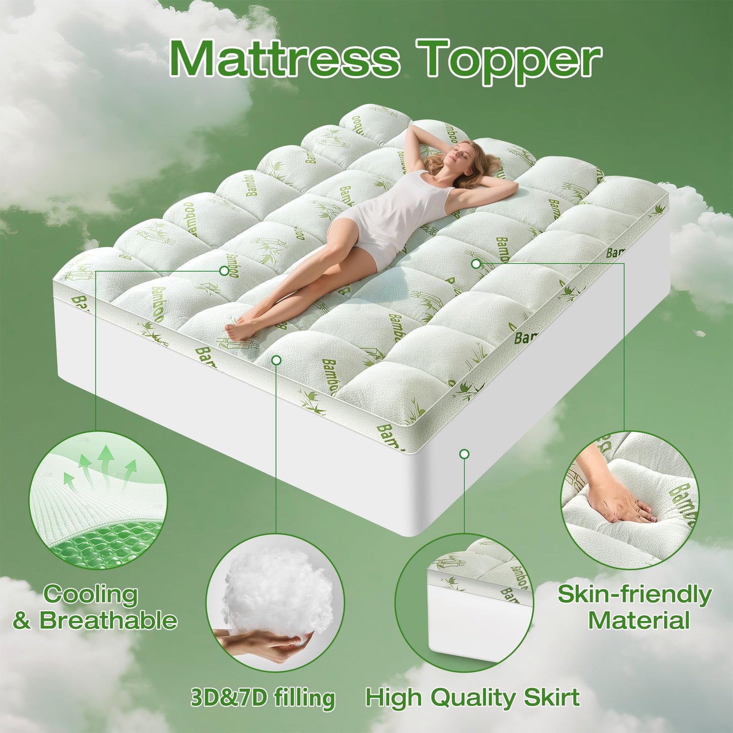 Easthome Mattress Topper Queen Size Viscose Derived from Bamboo, Thick Soft Pillow Top Mattress Pad Cover for Back Pain, Mattress Protector with 8-21 Inch Deep Pocket, White