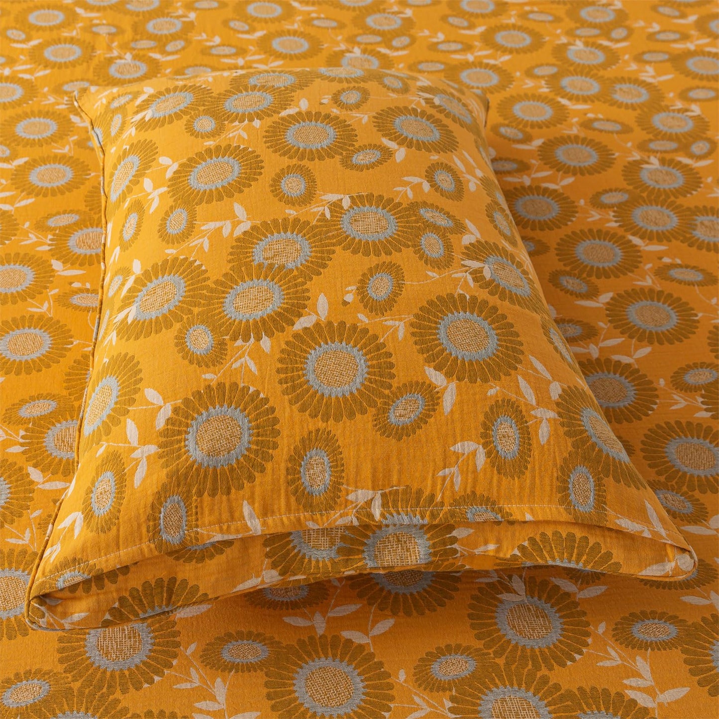 FADFAY Double Gauze 100% Cotton King Sheets Set Floral Bed Sheets Deep Pocket Fitted Sheet, Luxury Sunflower Pattern Shabby Vintage Countryside Style Bedding 4Pcs