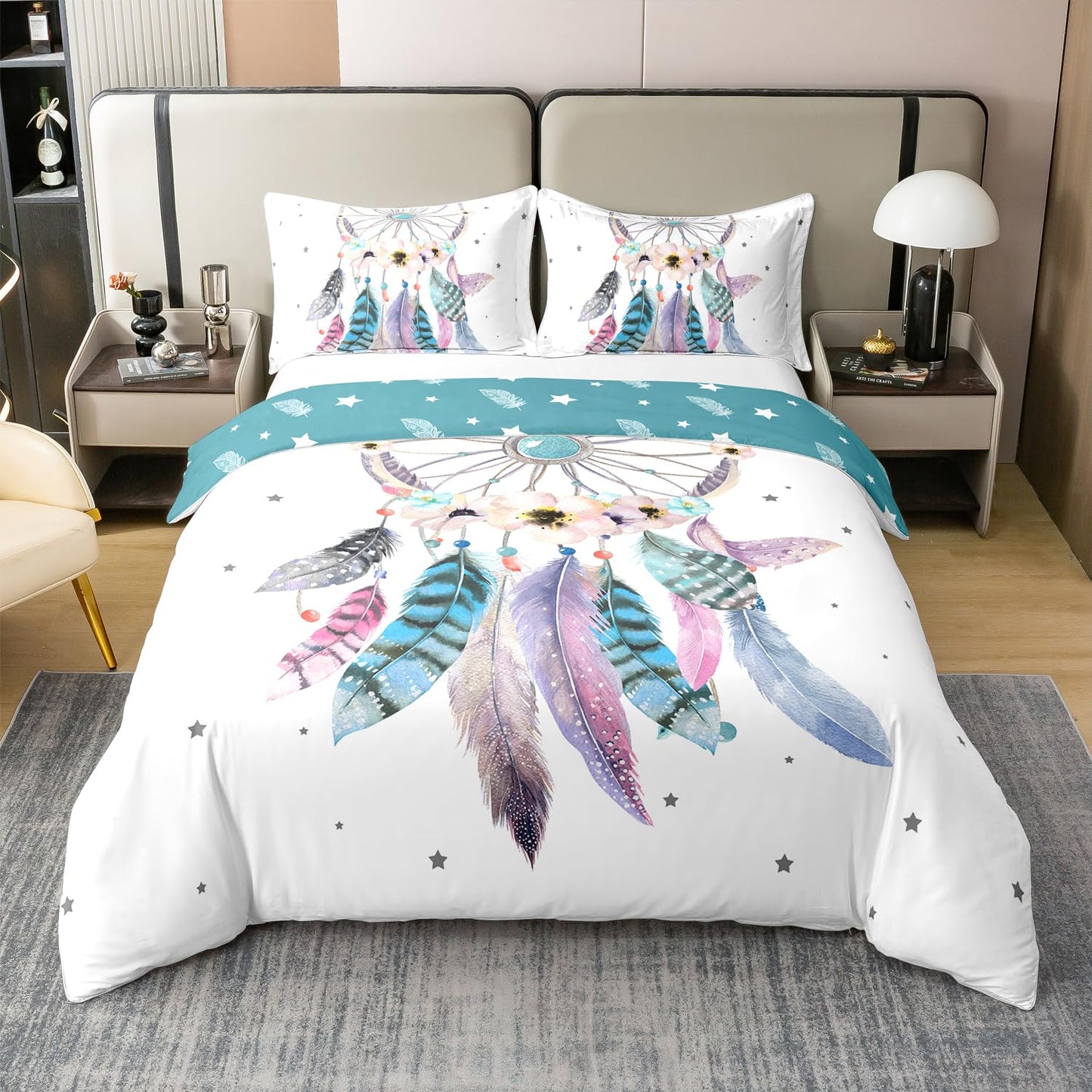 Erosebridal 100% Cotton Dream Catcher Bedding Sets Twin Girls Floral Flower Duvet Cover Cherry Blossom Comforter Cover Women Aztec Tribal Quilt Cover,Bohemian Feather Star Room Decor 1 Pillowcase