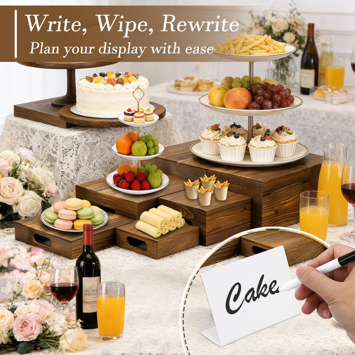 nplehome 8 Pack Buffet Risers Wood Display Stands Cupcake Stand Catering Supplies Buffet Display with Mini Signs Food Risers for Buffet Table Display Stand for Party, Wedding, Birthday