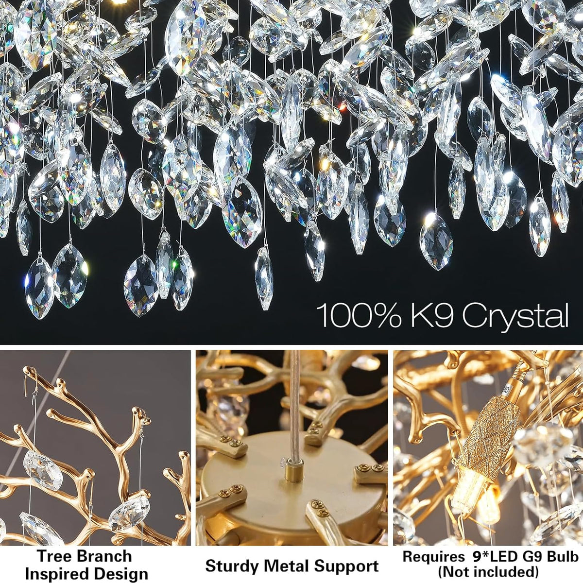 kvtinmty 24'' Modern Tree Branch Crystal Chandelier Luxury Gold K9 Crystal Chandelier 9-Light Crystals Pendant Chandeliers for Dining Room Living Room Bedroom Kitchen Entryway