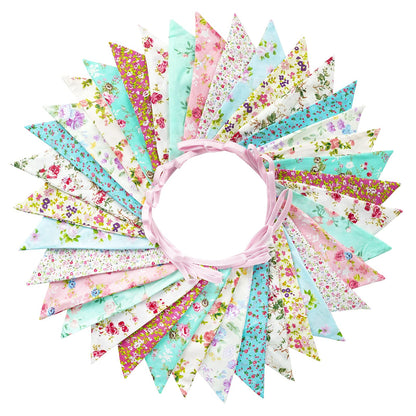 G2PLUS 36PCS Double Sided Fabric Bunting, 10M Blue and Purple Floral Cotton Banner, 17x19CM Large Triangle Garland Reusable for Indoor and Outdoor Party Decoration