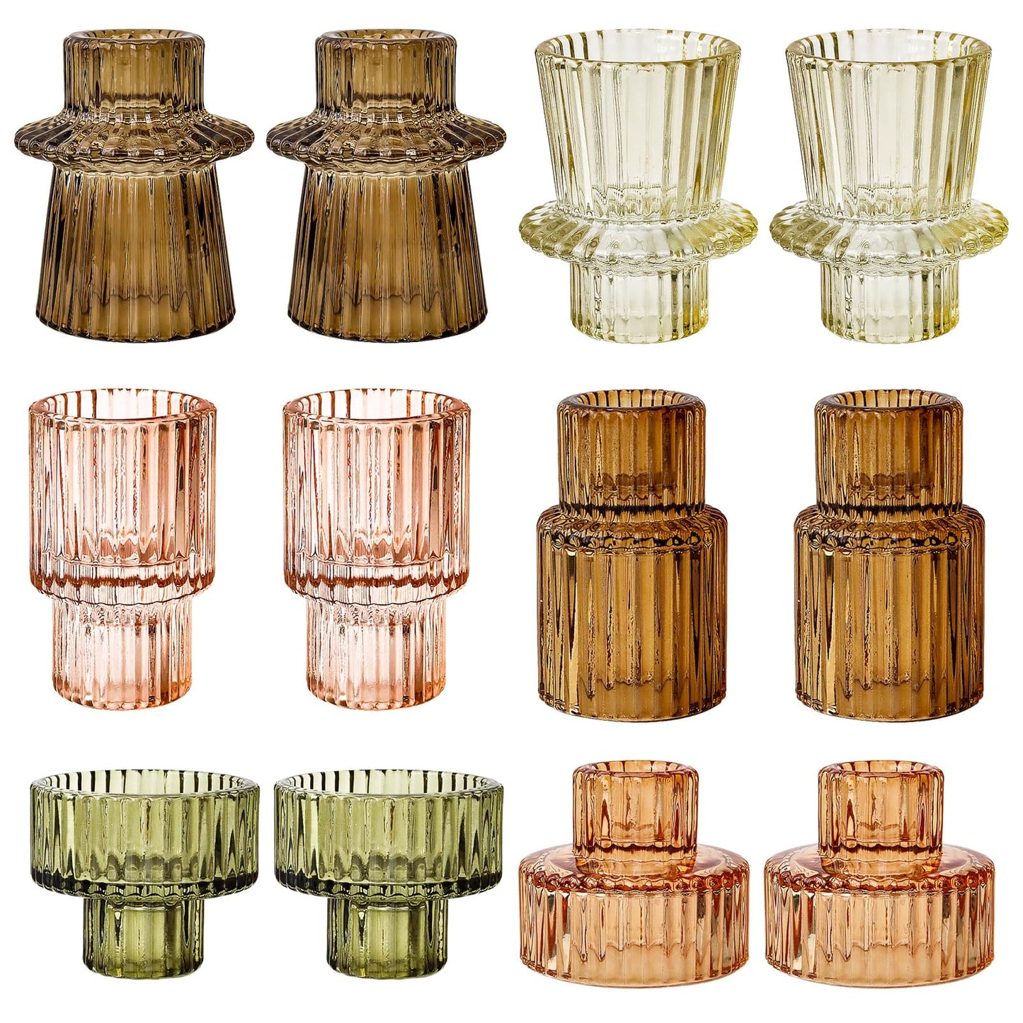 SYFURNIX Brown Candlestick Holders 12PCS Ribbed Glass Taper Candle Holders Set for Tealight Candlestick Candles, Table Centerpieces for Thanksgiving Christmas Farmhouse Decor Indoor and Outdoor