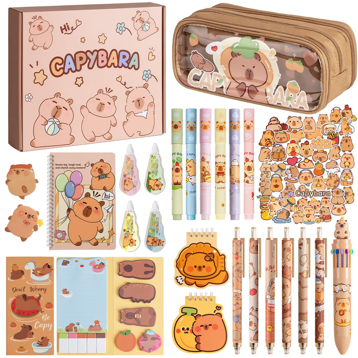 Sanfylikus Capybara Stationery Gift Set for Kids, 25PCS Cute School Supplies Kit w/Pencil Case, Notebook & Stickers, Kawaii Aesthetic Office Desk Accessories for Girls Boys Ages 5-14