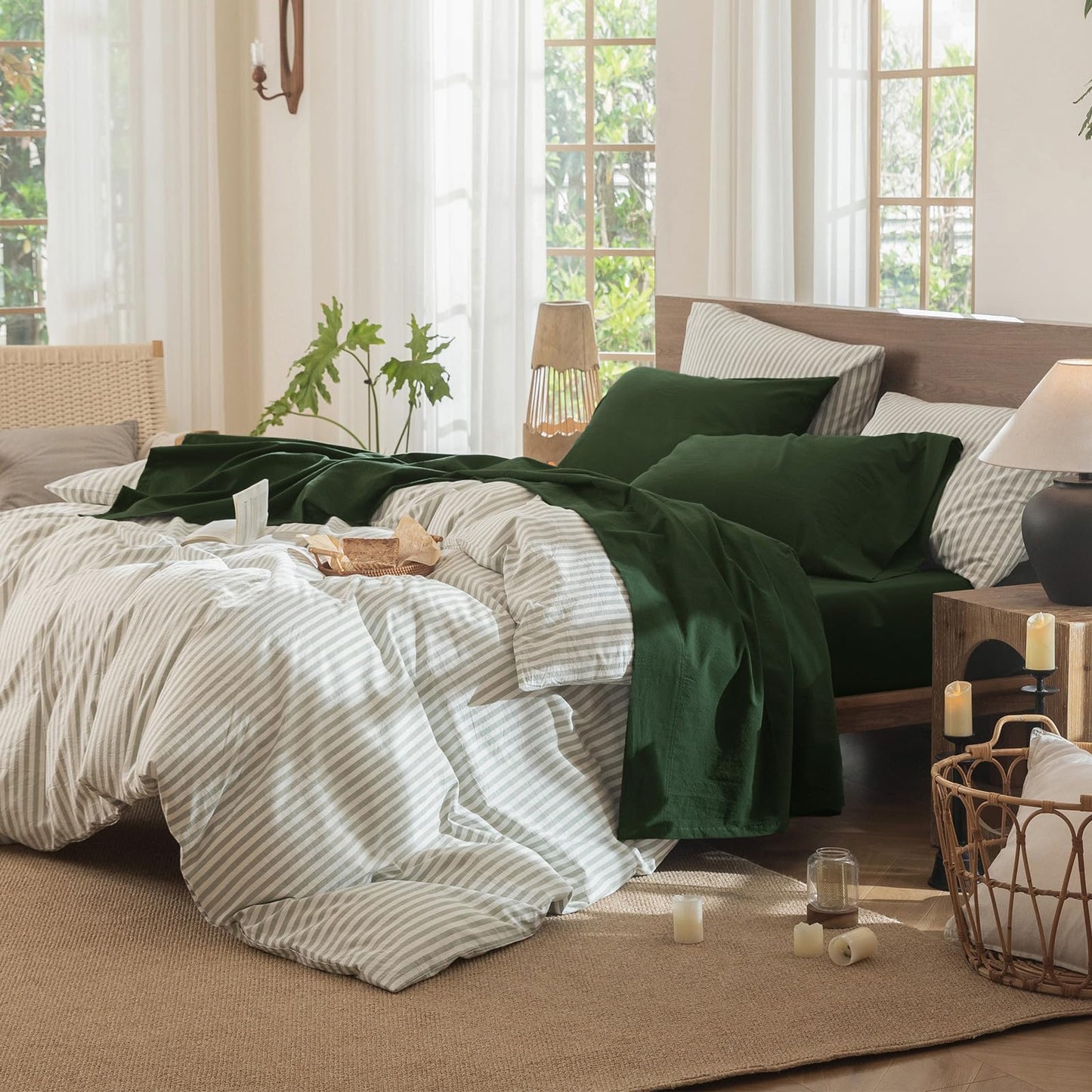 MooMee Fitted Bottom Sheet Only 100% Washed Cotton Linen Like Textured Breathable Durable Soft Comfy Deep Pocket Fits Mattress up to 17" (Forest Green, Queen)