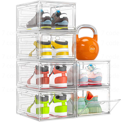 Thickened Clear Shoe Storage Organizer with Magnetic Door, Sturdy Stackable Shoe Boxes for Closet, Collapsible Space-Saving Shoe Rack for Sneakers & Boots, Plastic Shoe Cabinet Box Set, 6 Pack, White