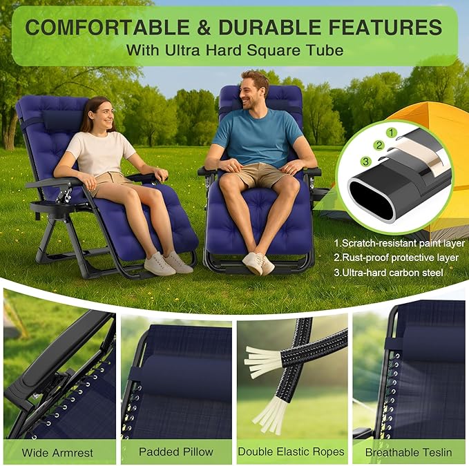 Suteck Zero Gravity Chair, Reclining Camping Lounge Chair w/Removable Cushion, Upgraded Lock and Cup Holder, Reclining Patio Chairs Folding Recliner for Indoor and Outdoor