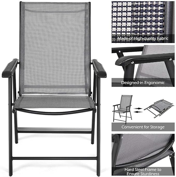 Giantex Set of 2 Patio Folding Chairs, Outdoor Chairs with Armrest, Portable Dining Chairs for Porch Camping Pool Beach Deck Lawn Garden, 2-Pack Patio Sling Chairs, Metal Frame, Grey