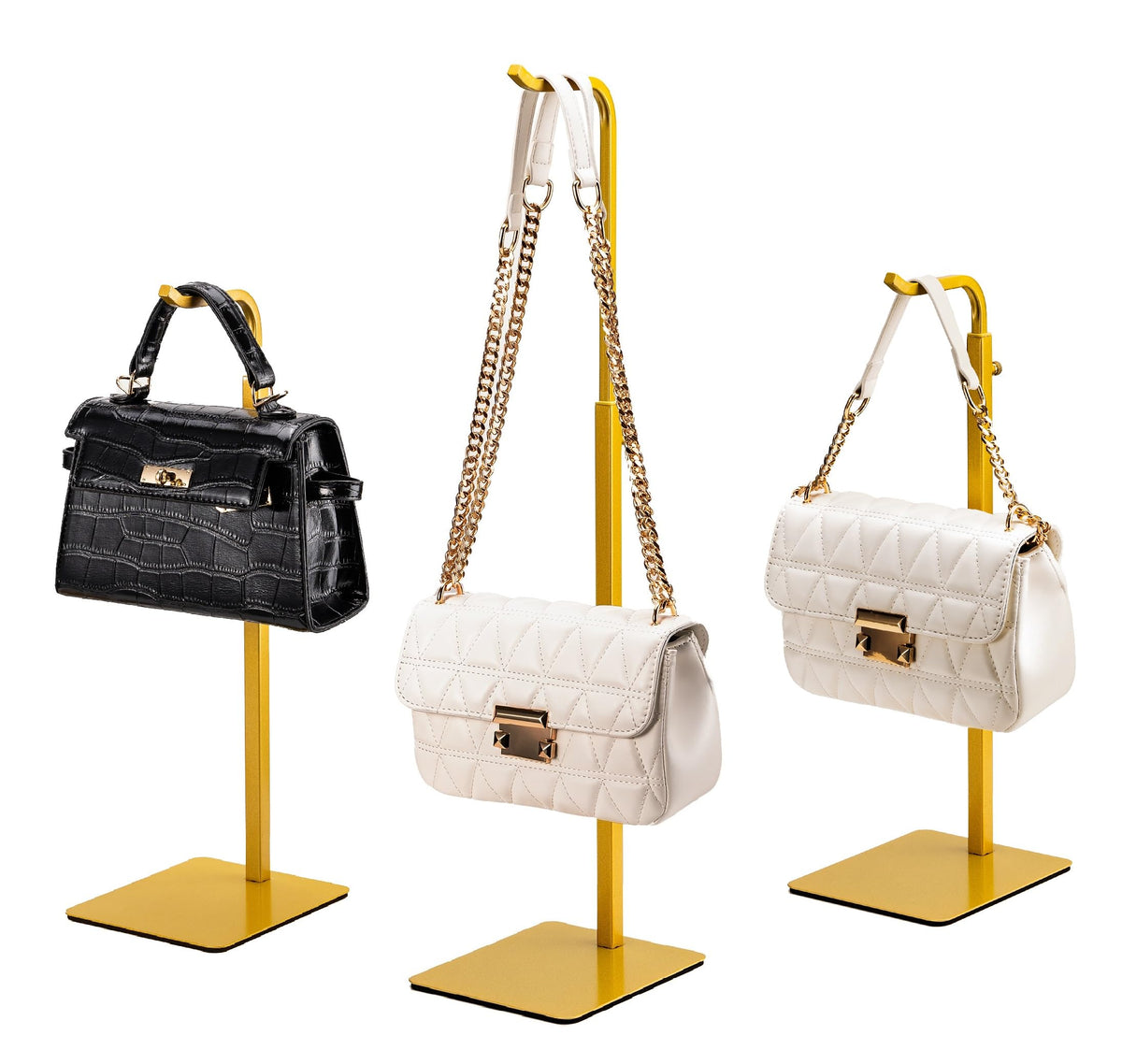 3 Pack Purse Holder Handbag Display Stand: Gold Hanger Rack for Bags, Purses, and Wreath, Adjustable Hook Stand for Tabletop, Closet, and Retail Use for Vendors