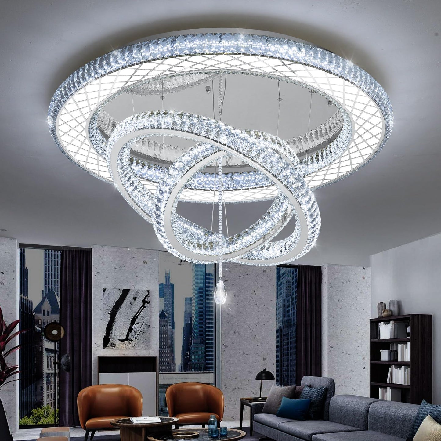 39.4" Modern Crystal Chandeliers Dimmable Lager Chandelier LED Flush Mount Ceiling Light High Ceiling Chandelier for Living Room Dining Room Bedroom Foyer Hallway Entryway Silver