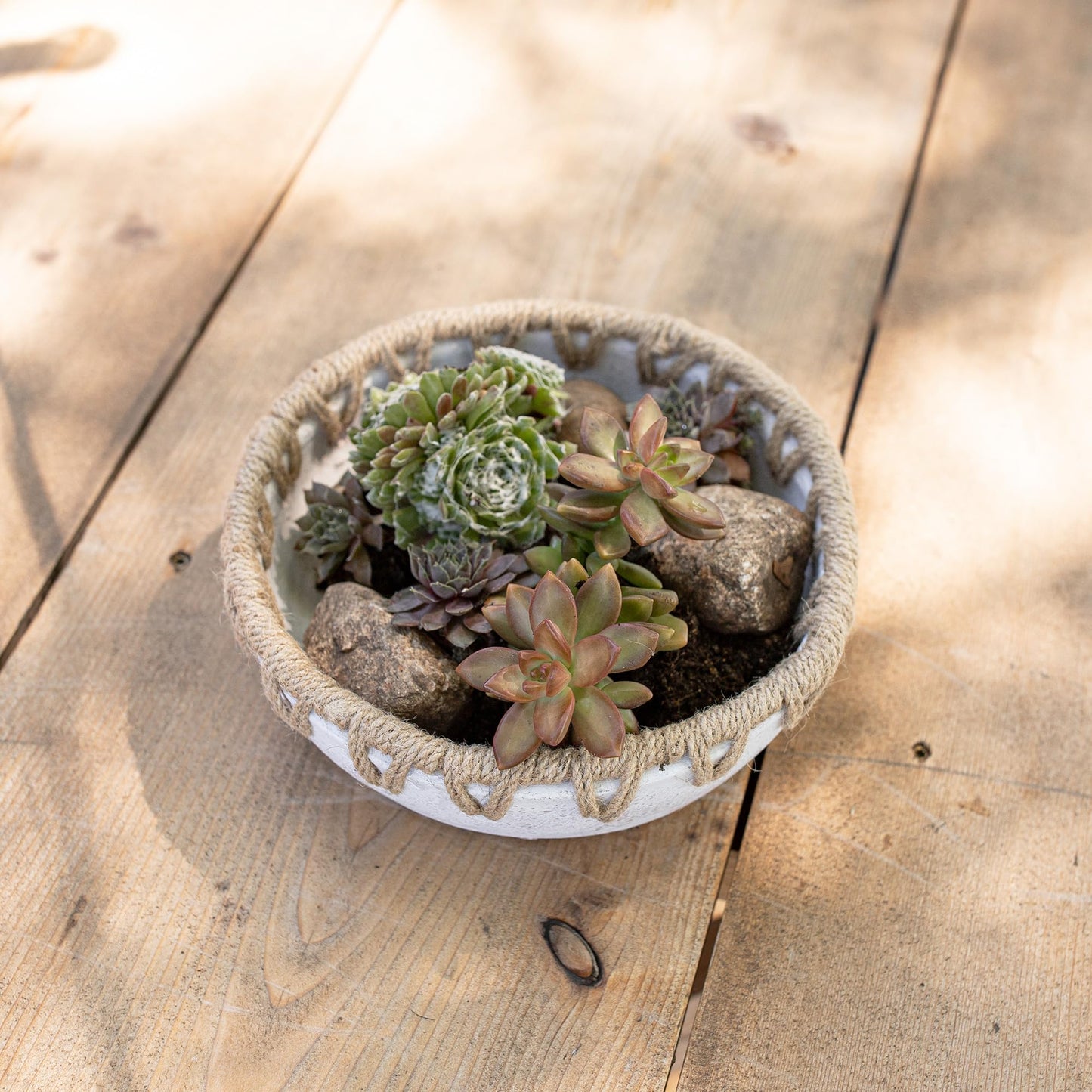 Foreside Home and Garden 3" x 9.25" Landon Decorative White Terracotta Greenery Planter Pot Bowl w/Woven Geometric Jute Rim Home Boho Rustic Style Natural Accent Piece Faux Artificial Plant Decor