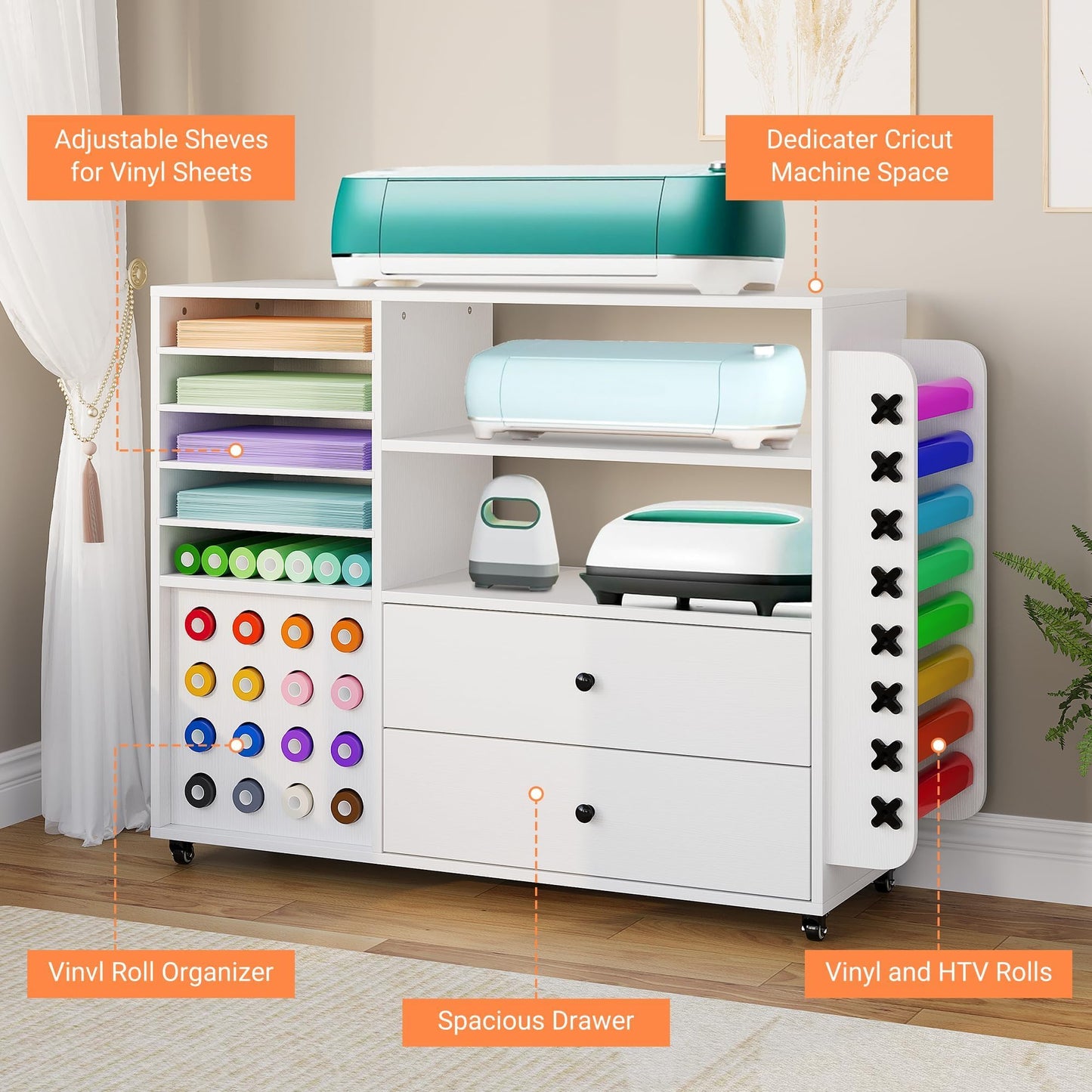 Craft Cart for Cricut Storage Organization, 42'' Rolling Craft Cabinet with 24 Vinyl Roll Holder and 2 Large Drawers Compatible with Cricut Machine White