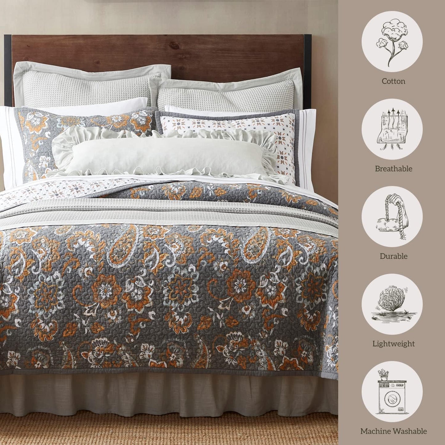 Paseo Road Abbie 3 Piece Quilt Set with Pillow Shams, Gray, Queen Size, Cotton Reversible Bed Set, Western Floral Farmhouse Style Bedding Set, 1 Quilt and 2 Pillow Cases