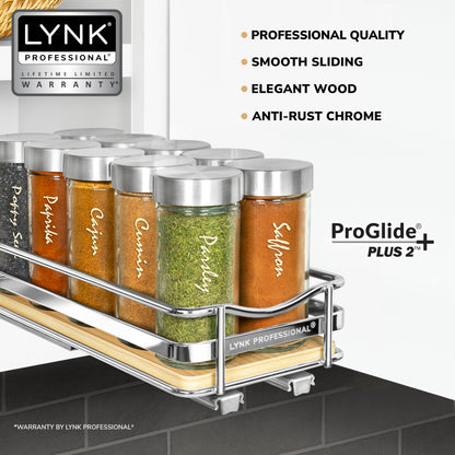 LYNK PROFESSIONAL® Pull Out Spice Rack Organizer for Inside Kitchen Cabinets - 4-1/4 inch Wide - Slide Out Drawer – Chrome Sliding Spice Cabinet Organization Shelf Racks - 2 Tier