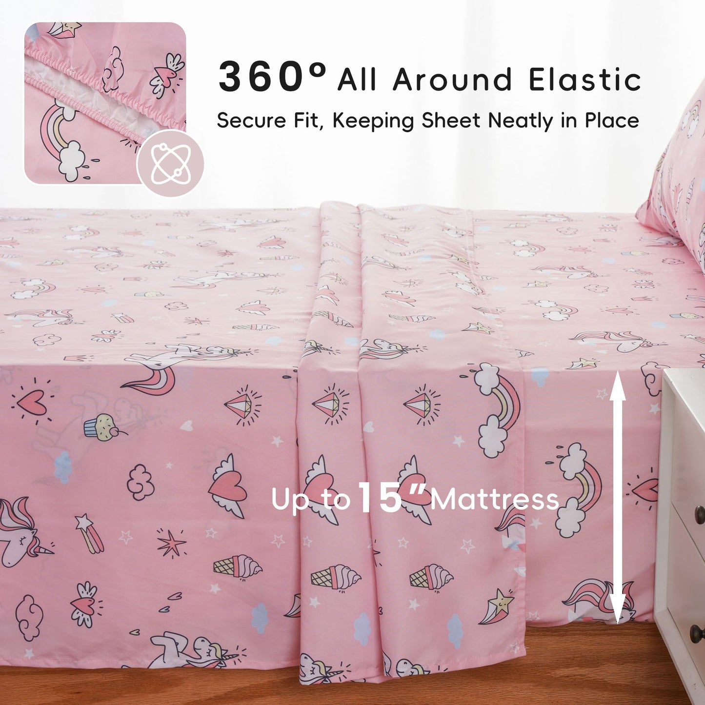 Bunnikins & Clover Unicorn Kids Sheet Set Twin Size, 3 Piece Soft Microfiber Bed Sheets, Deep Pocket Pink Toddler Bedding Set for Boys Girls