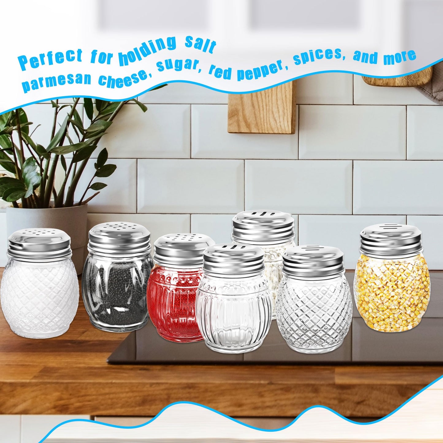 6 Pack 6 Ounces Glass Spices Shaker with Perforated Lid Salt Cheese and Pepper Shakers for Home Kitchen Restaurant Supplies, 2 Styles