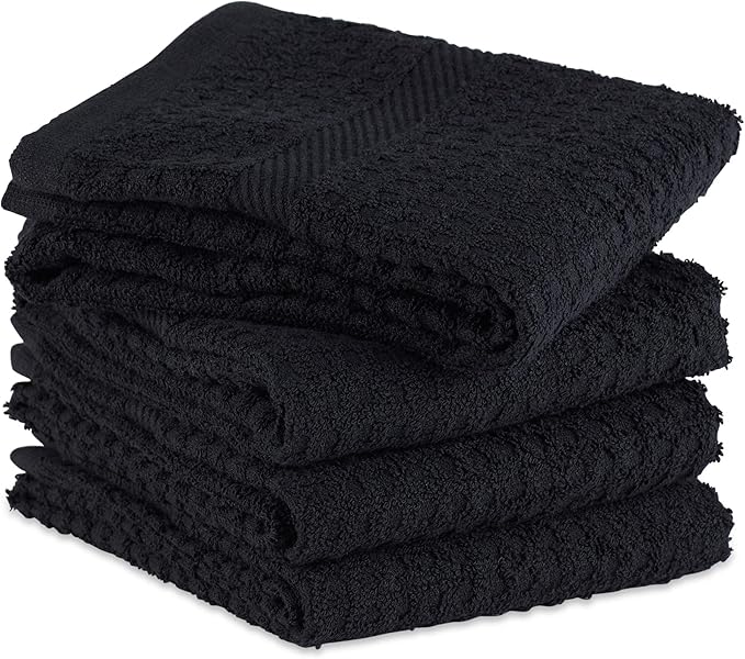 DII Basic Terry Collection Waffle Dishtowel Set, Solid Black, 4 Piece