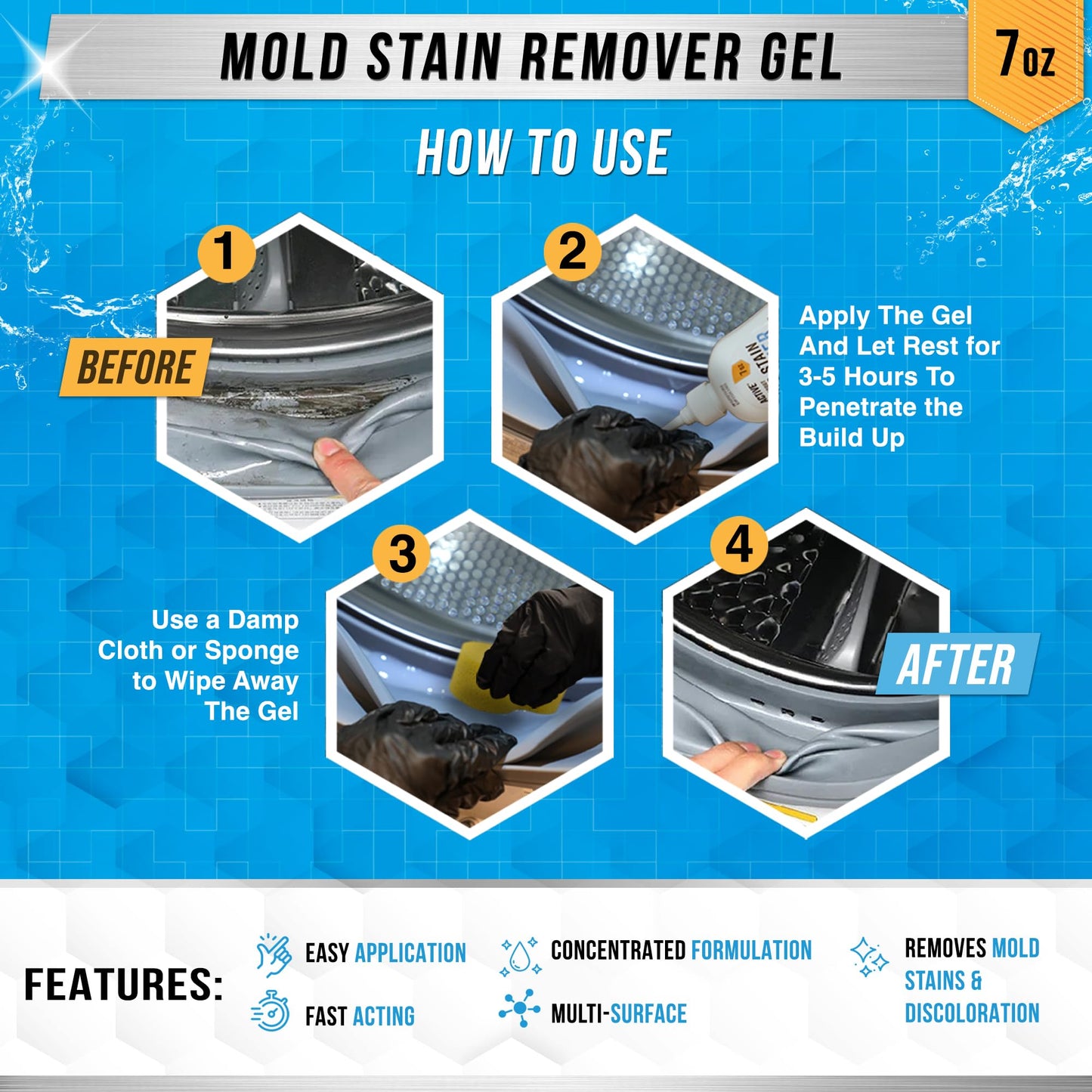 Mould Stain Remover Gel Cleaner - ACTIVE Heavy Duty Stain Cleaner for Front Loader Washing Machine Seal, Rubber Gasket, Bathroom Grout, Shower, Caulk - Front Load Washer Cleaning Solution - 7 Fl Oz