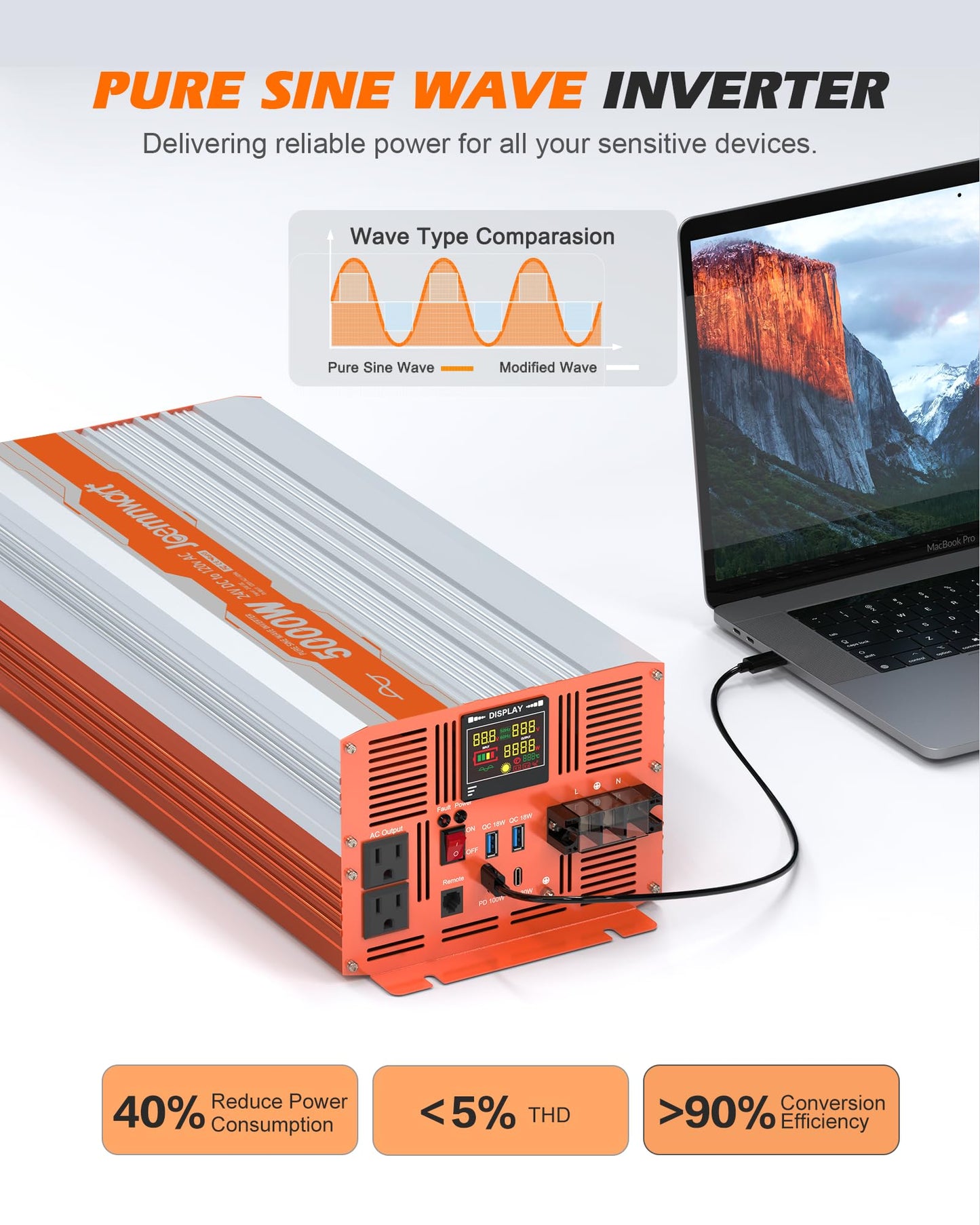 JOEMNWART 5000W Pure Sine Wave Inverter DC 24V to AC 120V Converter, Off-Grid Solar Power Inverters with Built-in 4 USB Ports, Hardwire Port, Remote Controller for Vehicles, Truck, RV, Home