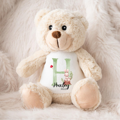Crafted Memories - Personalised Teddy | Velveteen Bunny Soft Toy | Customisable Name for Newborns | Keepsake for Boys & Girls | Baby Shower Item | Green Initial | Grey or White, 20-23cm