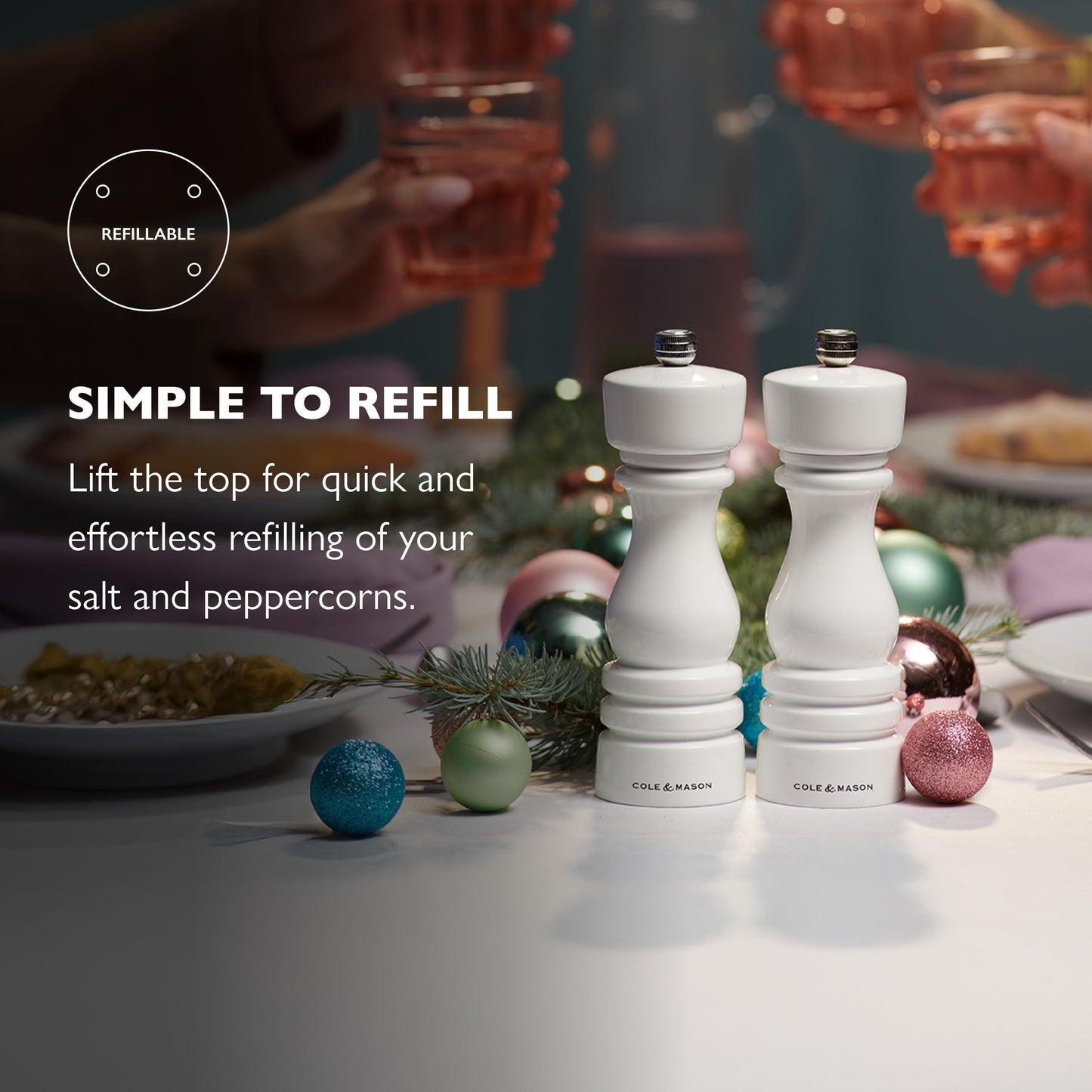 Cole & Mason London Refillable Spice Mill - Kitchen & Home Accessory - Salt & Pepper Grinder Set - Salt Mill with Ceramic Mechanism - Pepper Mill with Carbon Steel Mechanism - 7", White Gloss