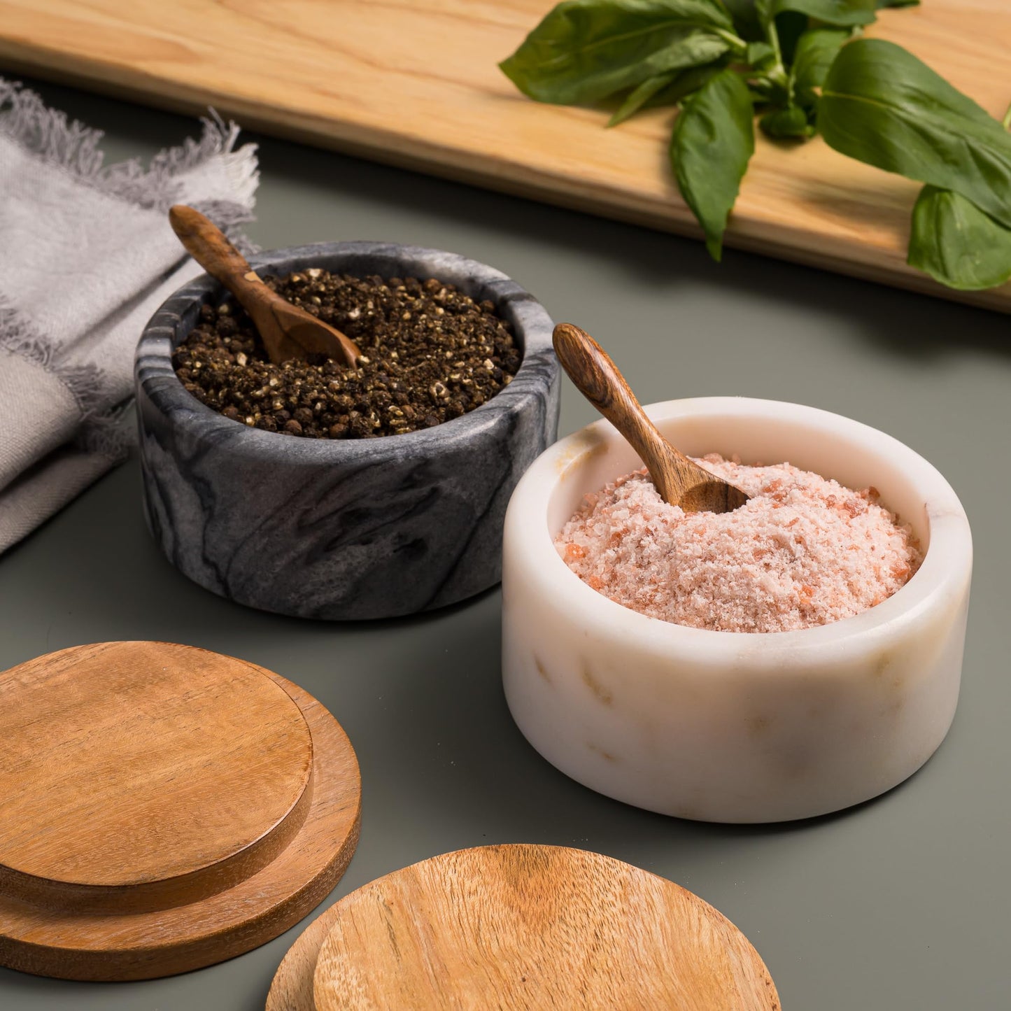 Cork & Mill Marble Salt and Pepper Bowls - Set of 2 Handcrafted White/Grey Solid Marble Salt and Pepper Cellars with Lids and Spoons - Elegant Containers for Countertop or Table