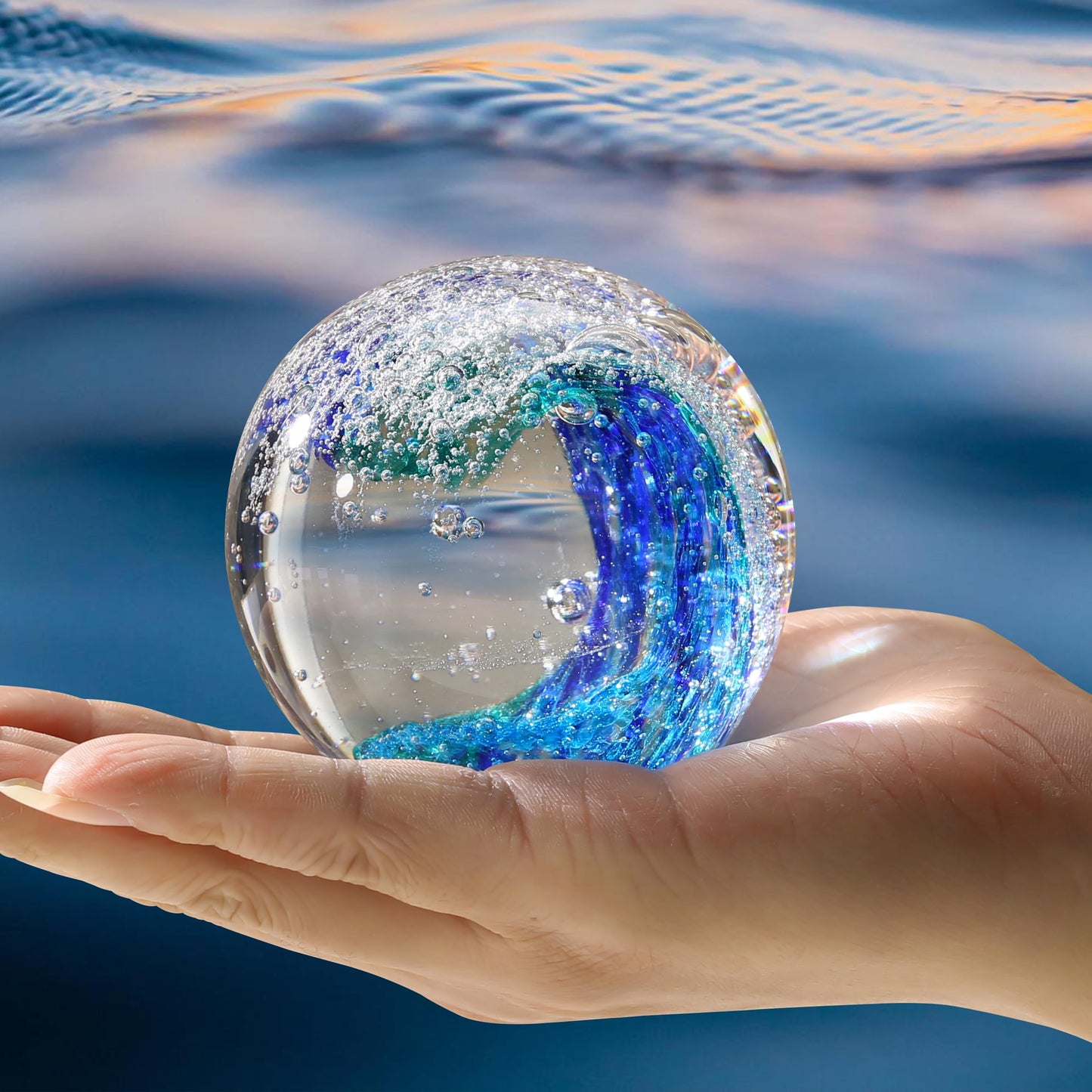 JFTOSALE Hand Blown Ocean Waves Glass Figurine Paperweight Ball, Home Decor Collectible, Aquarium & Office Decor for Ocean Lovers