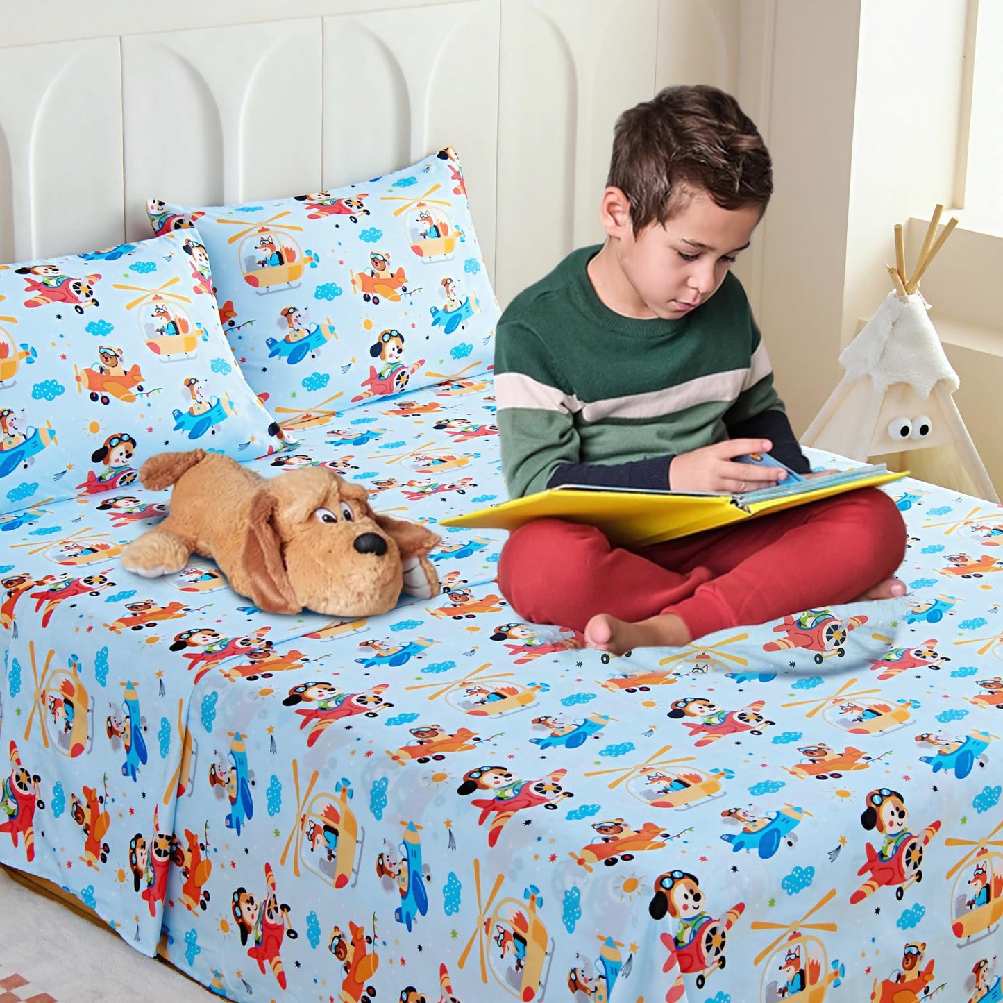 Homilay Full Sheet Set Kids - Airplane 4 Pieces Soft Microfiber Cartoon Style Bedsheets for Boys Girls Teens, Oeko TEX Breathable 15 Inch Deep Pocket Sheets(Animal Captain)