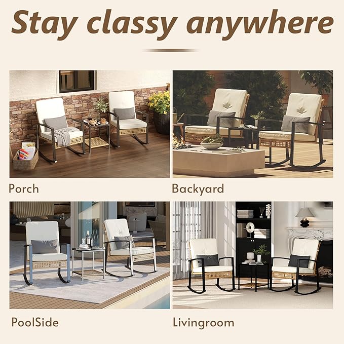 3 Piece Patio Rocking Chairs Set of 2, Outdoor Rocking Chair Bistro Set with Tempered Glass Coffee Table and Thick Lumbar Pillow Set, Front Porch Chairs for Garden, Backyard (Basic)