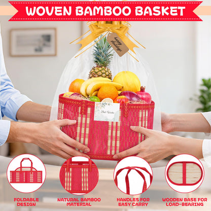 SelfTek 3 Pack Baskets for Gifts Empty, Woven Bamboo G-ift Basket Kit with Wrap Bags, Gift Card, Raffia and Pull Bows, Gifts Baskets for Birthday, Wedding, 30 x 20 x 15 cm-Red