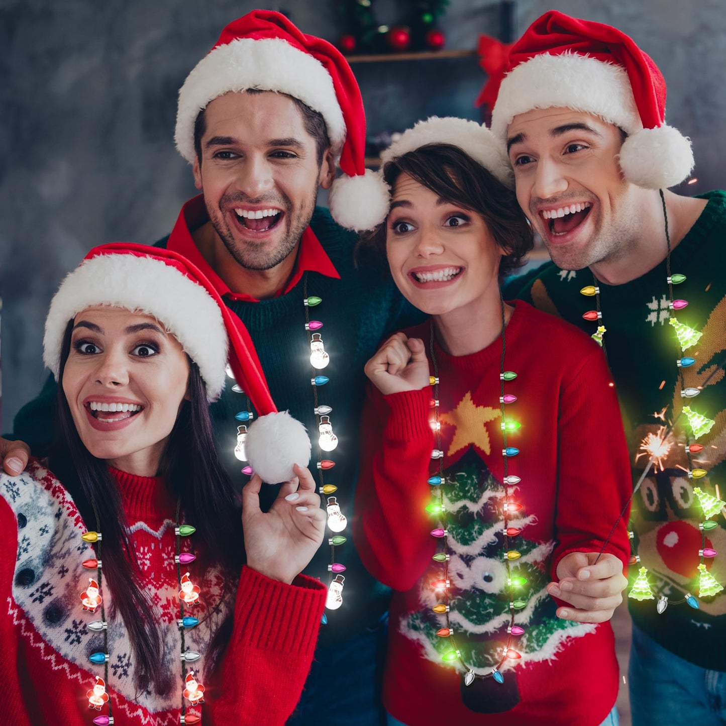 EOBOH Christmas Necklace, 4Pcs Light Up Christmas Necklace, Glowing Bulb Xmas Tree Santa Candy Cane Necklaces, 3 Modes Colorful Xmas Party Favors, Ugly Xmas New Year Eve Party Supplies Accessories