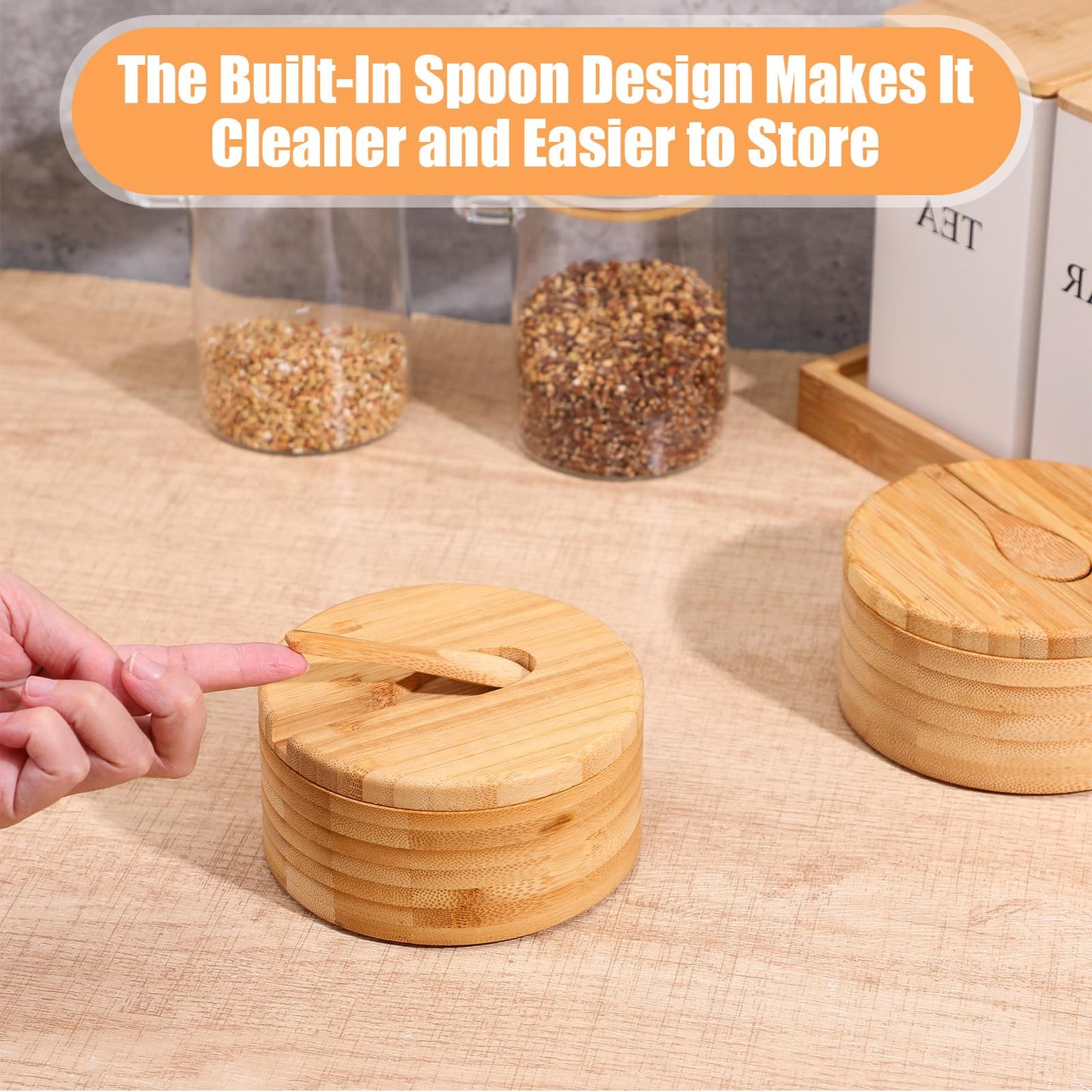 SHENLIU 2 Pack Acacia Wood Salt and Pepper Bowl Box, Built-in Spoon, 2 & 3 Compartments Spices Seasoning Container, Sea Salt Cellar Holder, Magnetic Swivel Lid Bamboo Salt Box for Salt Sugar Pepper