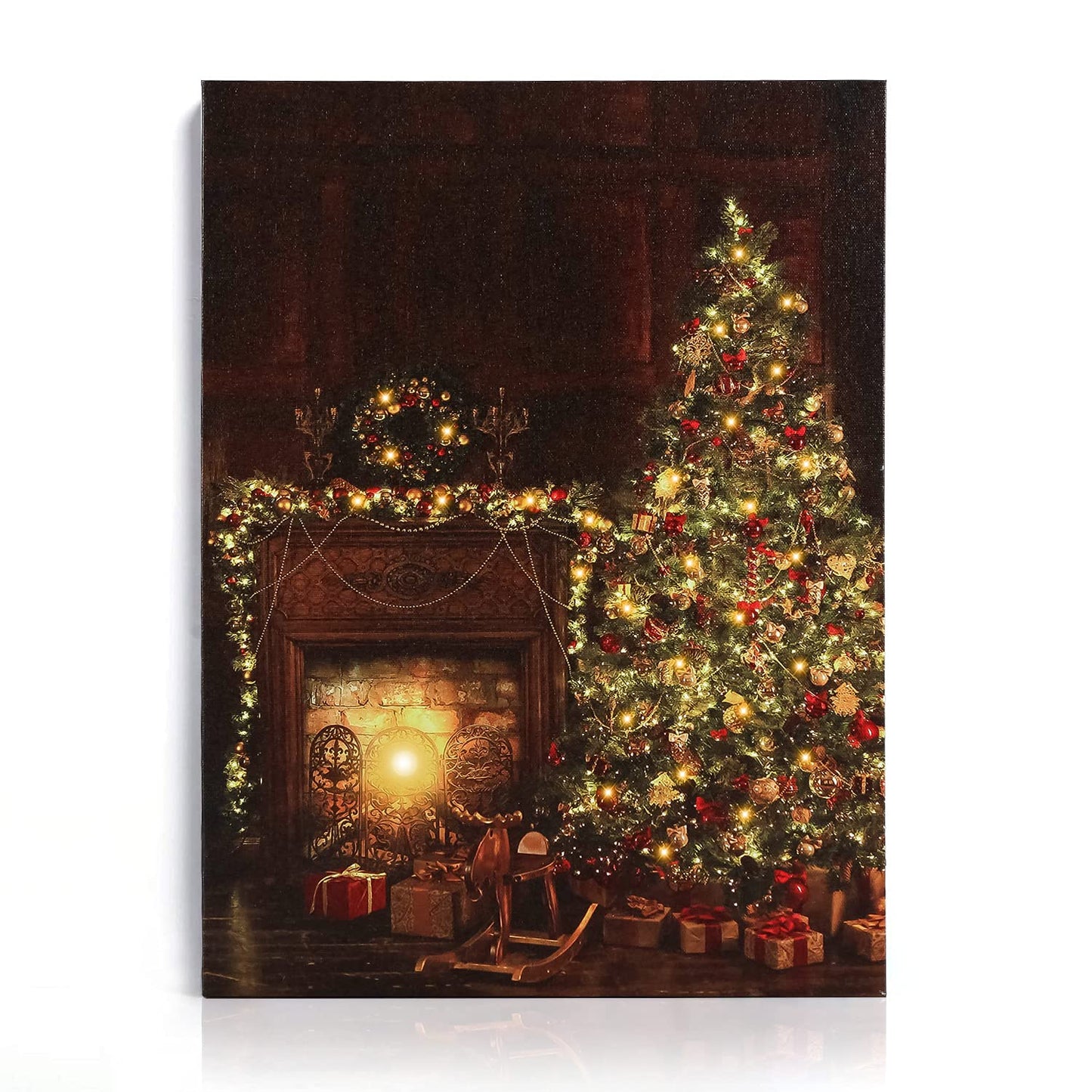 NIKKY HOME 16" x 12" Christmas LED Lighted Canvas Wall Art Prints Light Up Tree Wreath Fireplace Picture for Holiday Decor