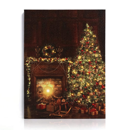 NIKKY HOME 16" x 12" Christmas LED Lighted Canvas Wall Art Prints Light Up Tree Wreath Fireplace Picture for Holiday Decor