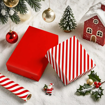 WRAPAHOLIC Reversible Wrapping Paper - Mini Roll - 17 Inch x 33 Feet - Red and Stripes Design for Christmas, Birthday, Holiday, Wedding, Baby Shower