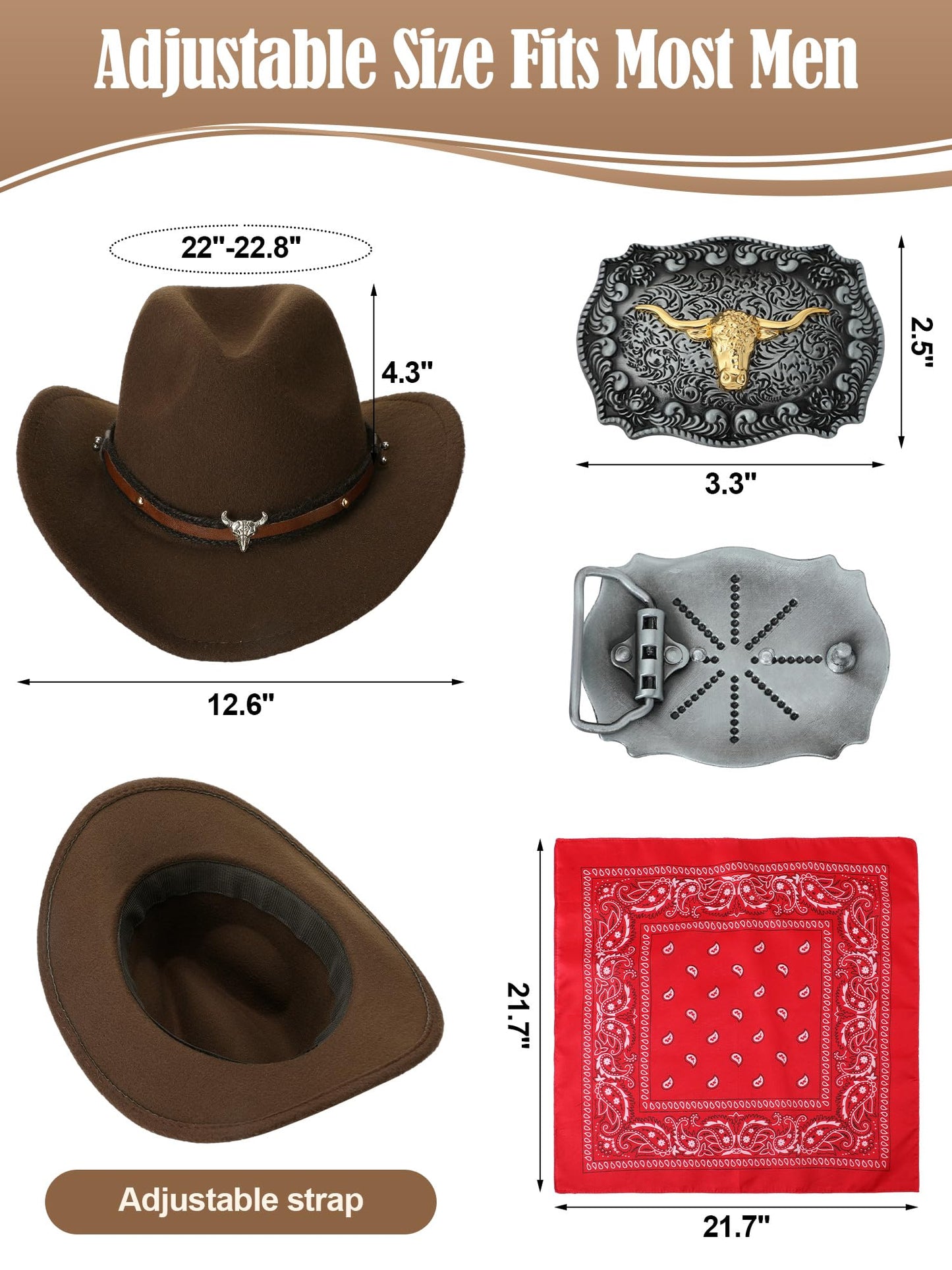 Toulite 4 Pcs Western Outfits for Men Cowboy Tassel Vest Hat Belt Buckle Paisley Bandana for Halloween Cosplay (Brown, Coffee, Red,Large)