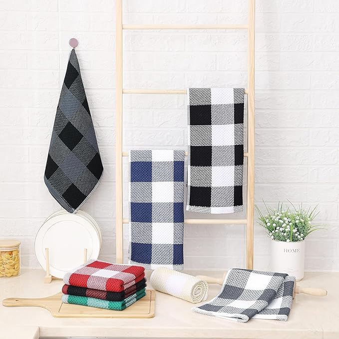 Homaxy 100% Cotton Waffle Weave Check Plaid Kitchen Towels, 13 x 28 Inches