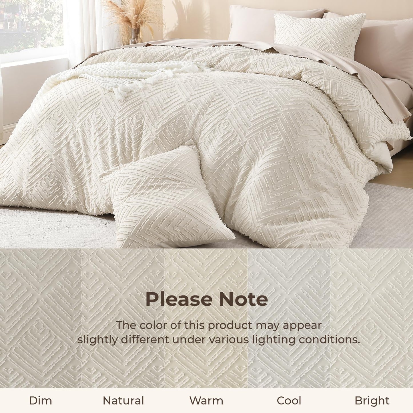 Litanika Queen Comforter Set Beige, 3 Pieces Cream Tufted Boho Farmhouse Bedding Comforter Sets, Lightweight Fluffy Comforter Bed Set for All Season (90x90In Comforter and 2 Pillowcases)