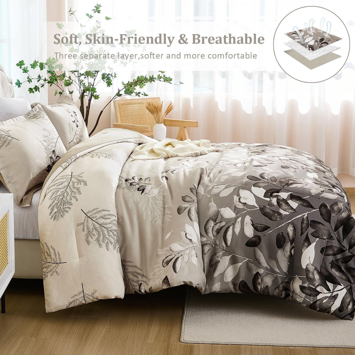 DJY Beige Comforter Set King, 3 Piece Brown Botanical Leaves Comforters with 2 Pillow Shams King Sizes Reversible Floral Comforter Sets Soft Microfiber Bedding Set for All Season (104"x90")
