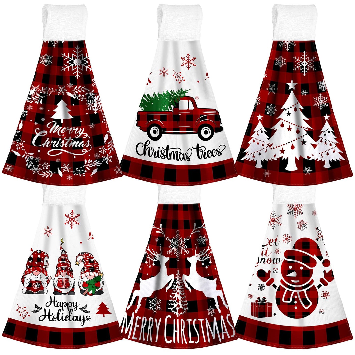 Jingmore 6 Pcs Christmas Hanging Kitchen Towels with Loop Buffalo Plaid Red and Black Hand Tie Towels Microfiber Drying Baking Cooking Cloth