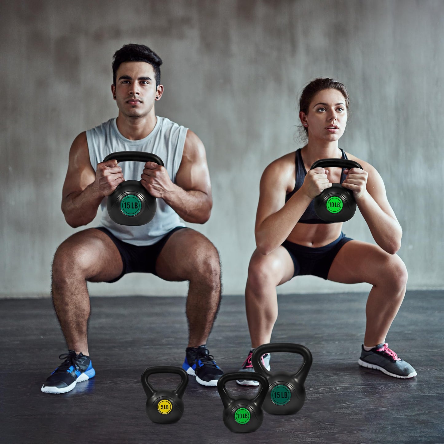 Fitvids Wide Grip 3-Piece Kettlebell Exercise Fitness Weight Set, Include 5 lbs, 10 lbs, 15 lbs and 20 lbs, Set of 3 or Set of 4