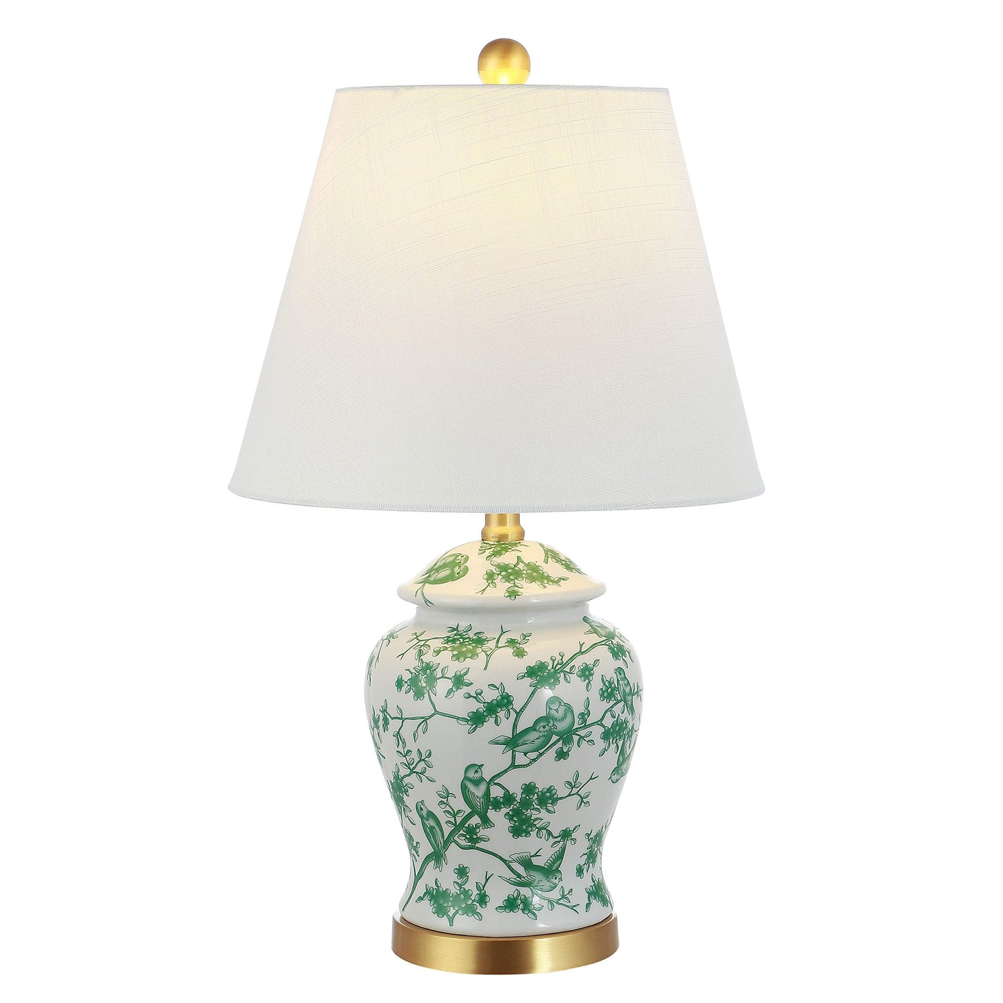 JONATHAN Y 22" White/Green Ceramic Table Lamp, French Country Chinoiserie Ginger Jar LED Bedside Lamp for Living Room Bedroom, White Linen Shade (JYL3005B)