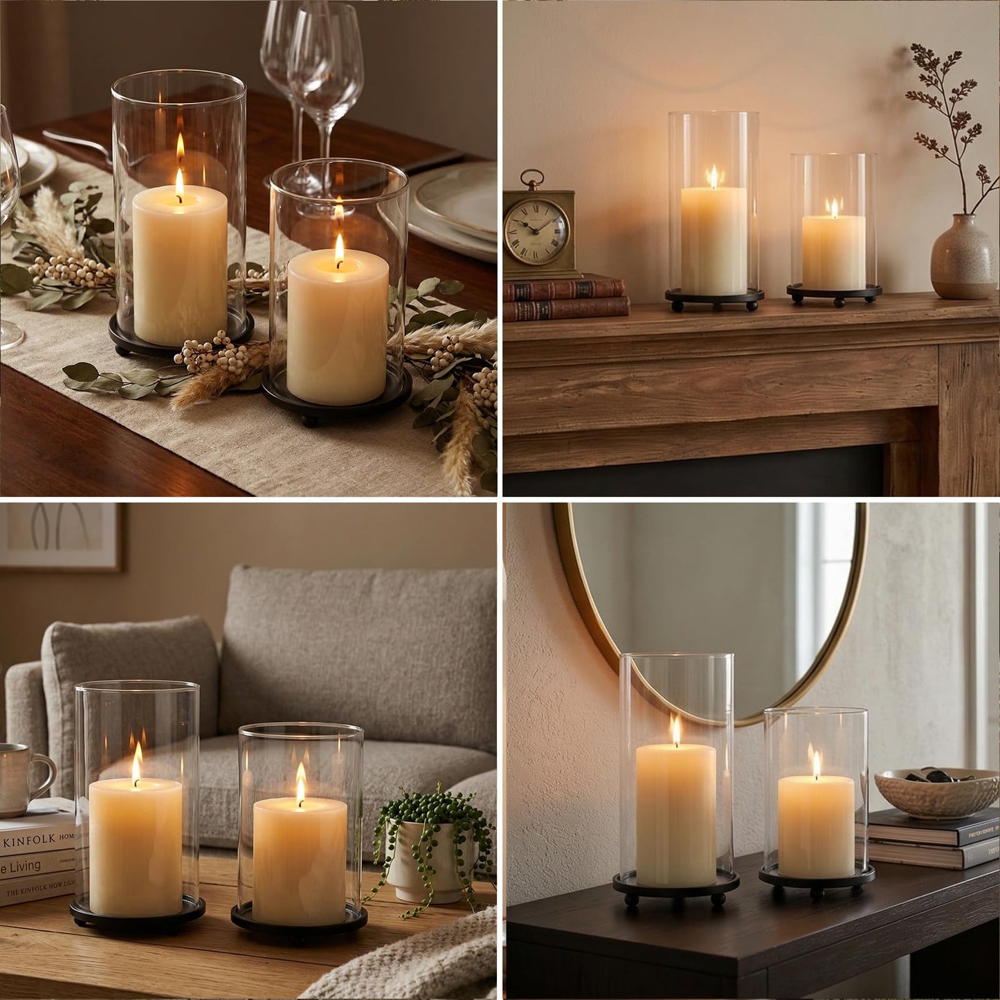 Hurricane Candle Holders Set of 2 - Pillar Candle Stands with Glass Sleeves for Fireplace Mantel & Dining Table Centerpiece Decor (Black)