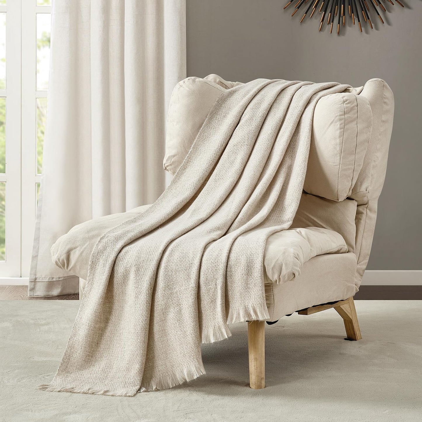 BOURINA Faux Cashmere Fringe Throw Blanket Decorative Lightweight Throw Soft Cozy for Bed or Sofa Outdoor Blanket, 50x70 Inches Beige