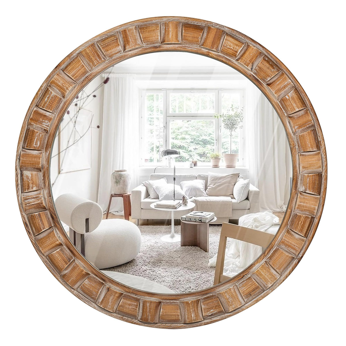 XGGJWW 30 Inch Brown Solid Wood Round Wall Mirrors, Decorative Circle Mirror for Bathroom, Bedroom, Living Room, Hallway, Foyer, Entryway