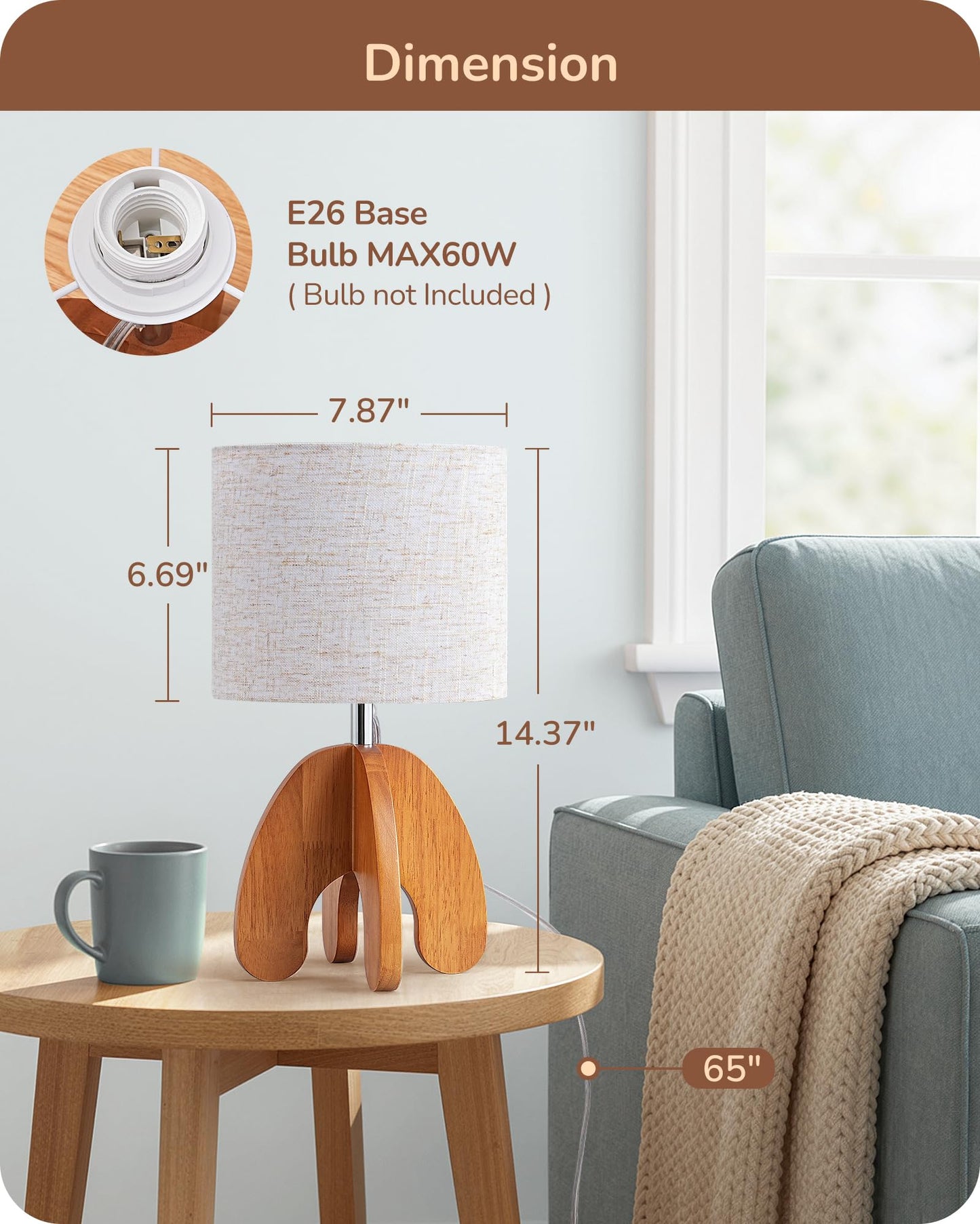 EDISHINE Wood Table Lamp, Small Nightstand Lamp with Beige Linen Lampshade, Integrated Four-Legged Wooden Base, End Bedside Lamp for Nursery, Bedroom, End Table, ON/Off Switch, E26, 14.17"