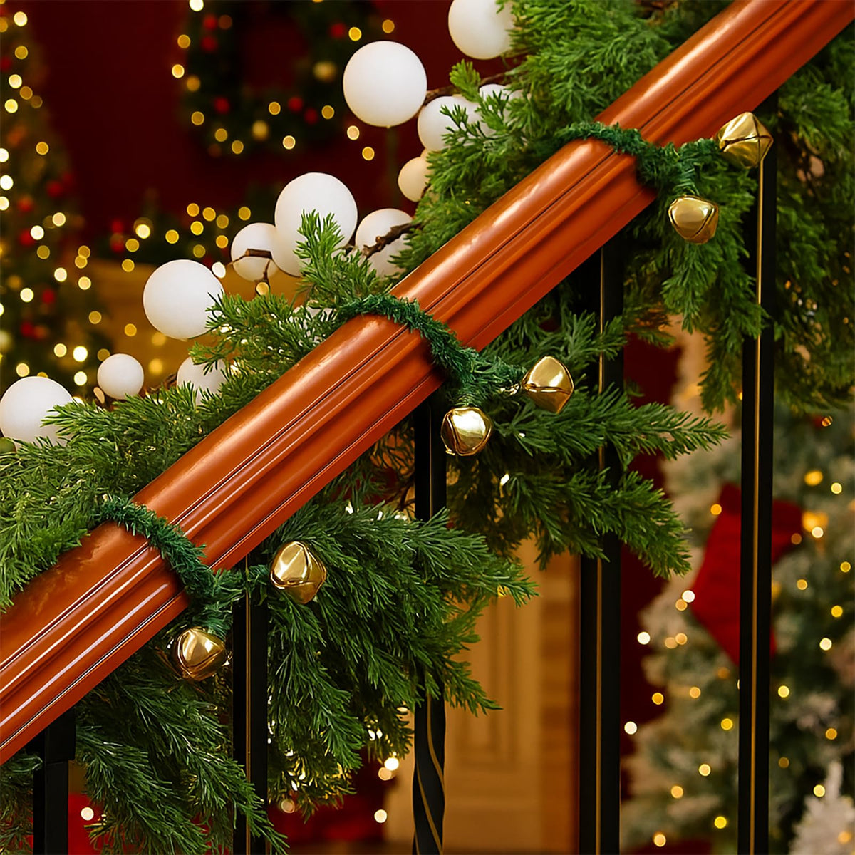 Motionchic 25 Pcs 20 Inches Christmas Garland Ties with Bells Decorative Twist Ties Garland Hanger for Banister Stairs Railing Garden Reusable Flexible Twist for Xmas Holiday Decorations (Gold)